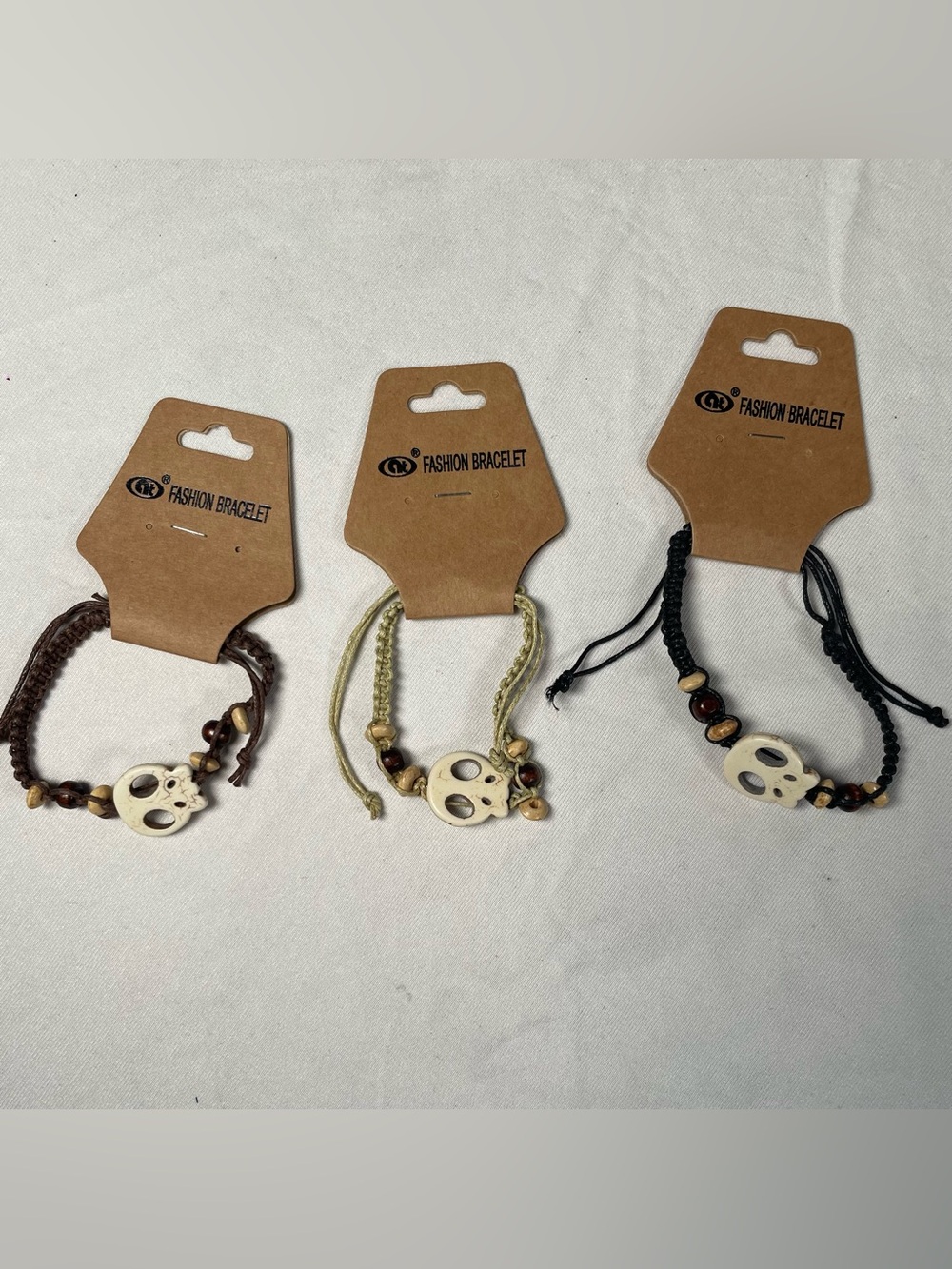 NWT Unisex Macrame Skull Cord Bracelets - Set of 3 (Brown, Khaki, Black)